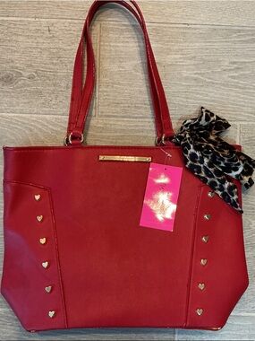Betsey Johnson Red Tote with Leopard Scarf and Heart Studs NWT